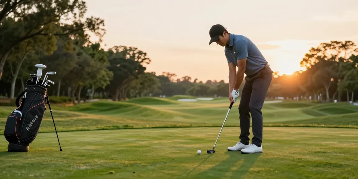 Praktik putting di lapangan golf dengan putter dari https://puttperfection.com/putter-reviews dalam cahaya matahari terbenam yang indah.