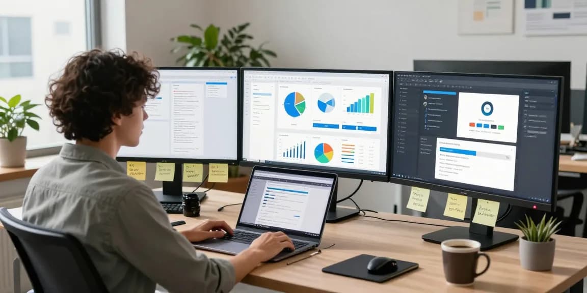 Engaging workspace scene depicting quality and authority blogs creation process with digital marketing analytics.