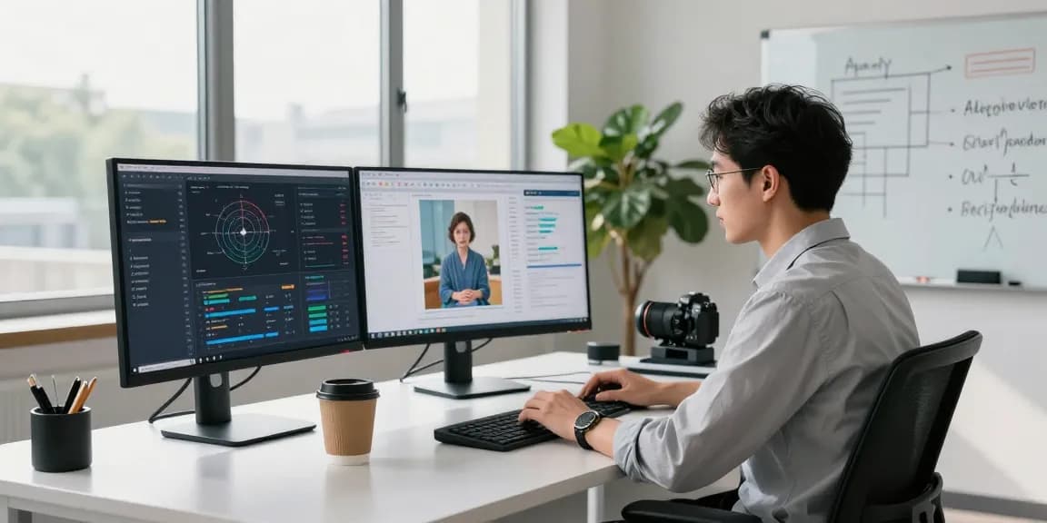 Professional workspace with a data scientist using a free AI image detector tool to analyze images on multiple monitors.