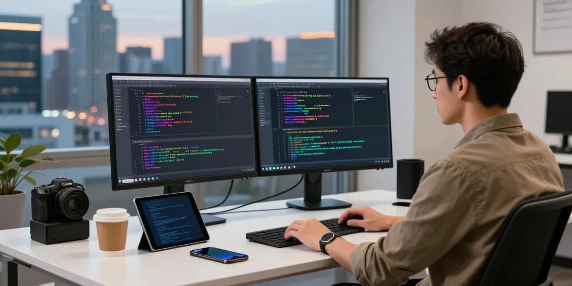 Engaging tech workspace with a developer focusing on coding, utilizing 纸飞机中文版 for productivity.