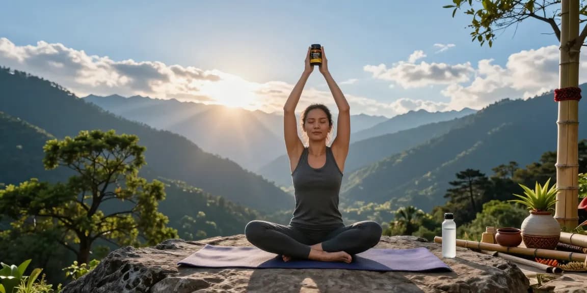 Rejuvenating wellness scene featuring Pure Shilajit Australia in a serene Himalayan landscape.