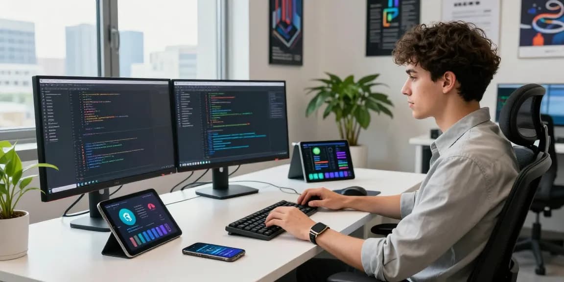Developer engaged in coding and messaging using teiegramin.com in a modern workspace.