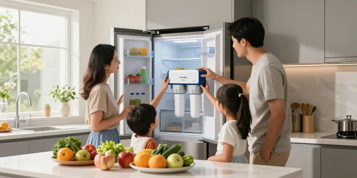 Family demonstrating the Overbest UKF8001 Replacement for EveryDrop by Whirlpool Refrigerator Water Filter 4 in a modern kitchen.