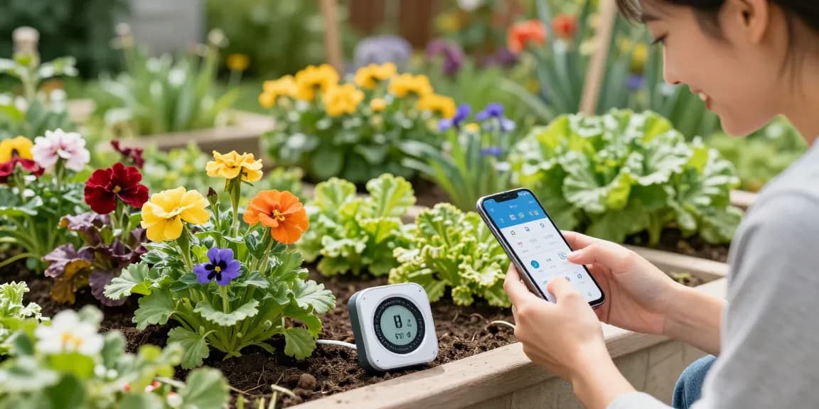 Homeowner using rainpoint water timer in vibrant garden, ensuring optimal plant care.