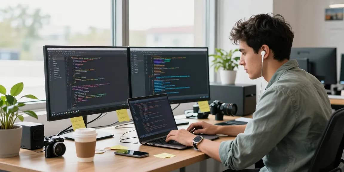 Engaging workspace with young developer using 纸飞机中文版 on laptop, showcasing a tech-driven environment.
