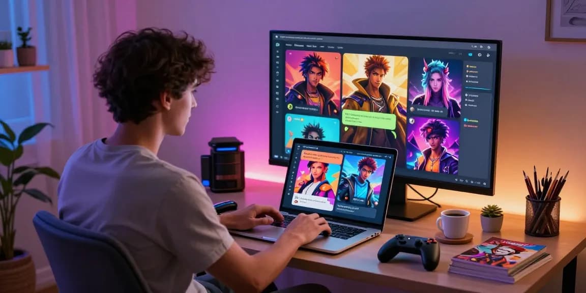 Interactive NSFW AI chat session with multiple character avatars on a laptop, showcasing immersive engagement in a modern home office.