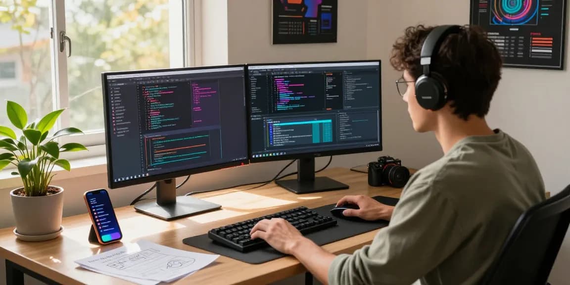Focused developer in a tech workspace, showcasing 纸飞机中文版 coding interfaces, inspiring atmosphere.