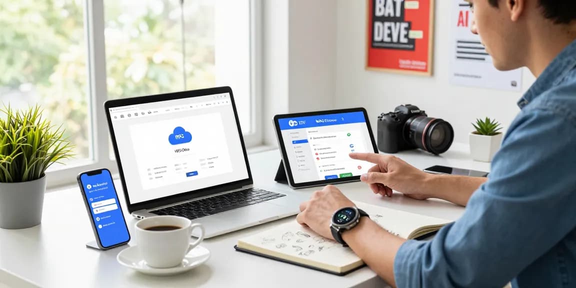 Collaborative workspace featuring WPS下载 on laptop, tablet, and smartphone, showcasing seamless document synchronization and productivity tools.
