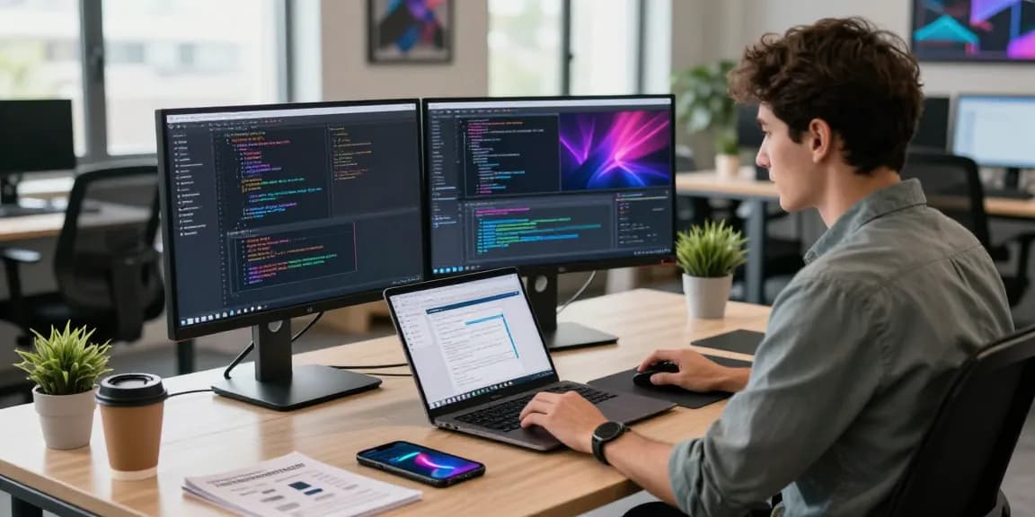 快连 network acceleration platform showcased in a modern tech workspace with coding developer, vibrant interface, and dual monitors.
