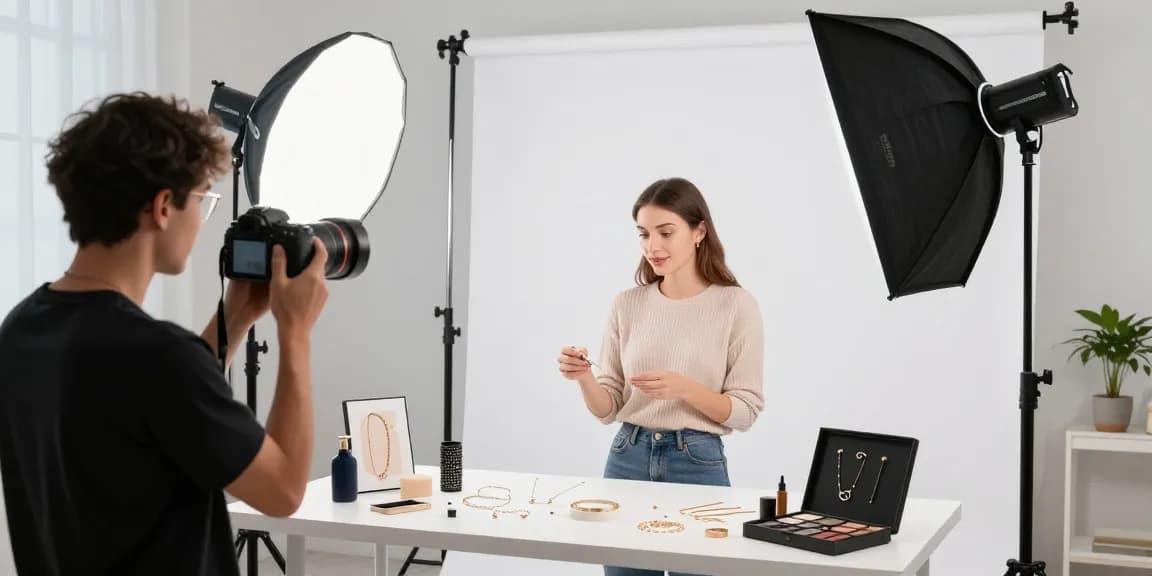 Servizi fotografici ecommerce professionali in studio con fotografo e prodotti esposti.