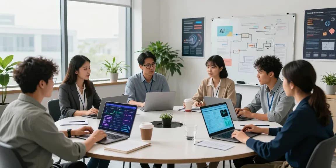 Team collaborating on AI automation strategies in a vibrant modern office environment.