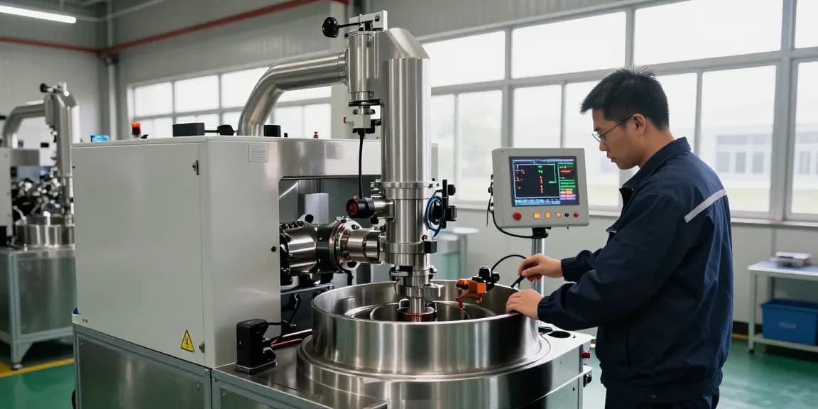 Technician operating an industrial centrifuge in a modern manufacturing facility, showcasing advanced separation technology.