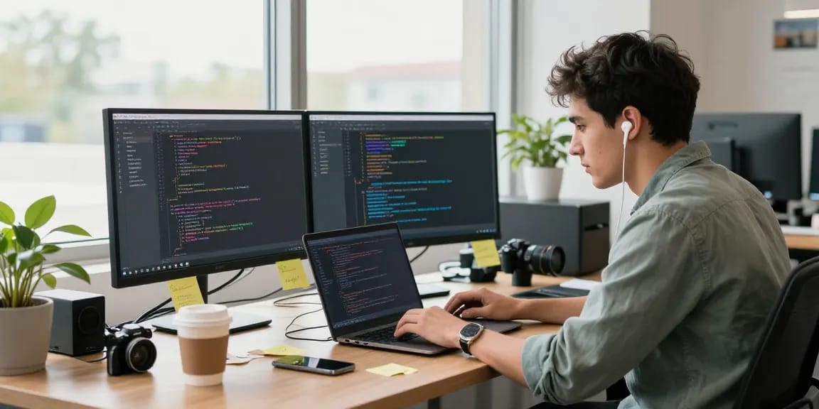 Engaging workspace with young developer using 纸飞机中文版 on laptop, showcasing a tech-driven environment.