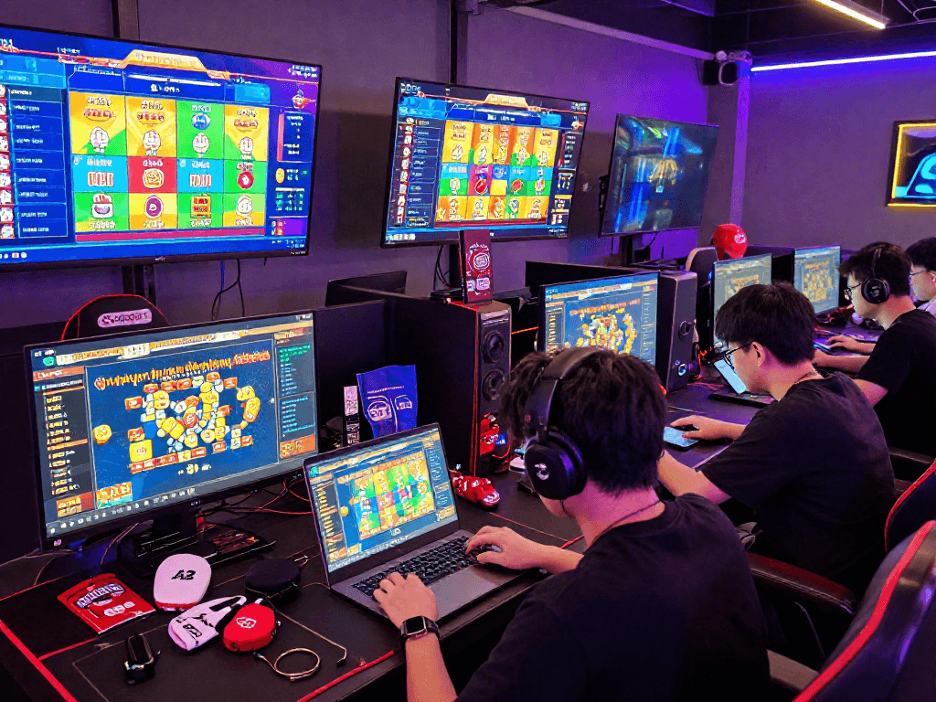 Diverse gamers collaborating on strategies for exciting pasaran togel, surrounded by vibrant gaming screens showcasing lottery options.