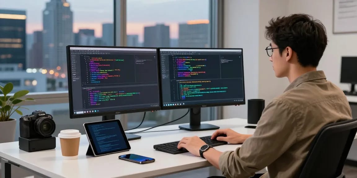 Engaging tech workspace with a developer focusing on coding, utilizing 纸飞机中文版 for productivity.