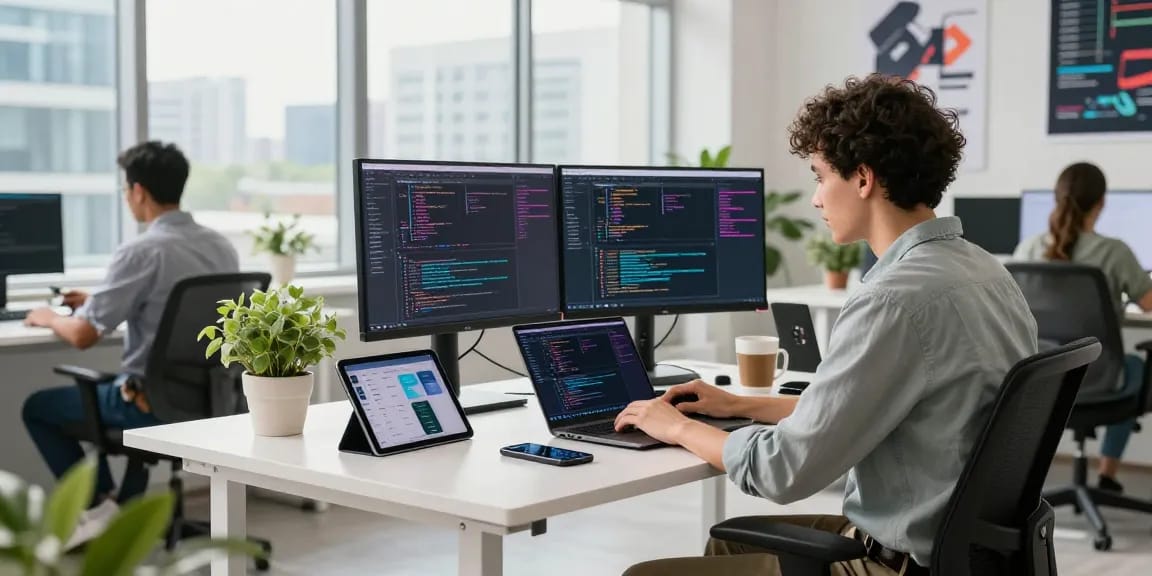 Developers coding at telegraimin.com workspace showcasing modern tech atmosphere and productivity elements.