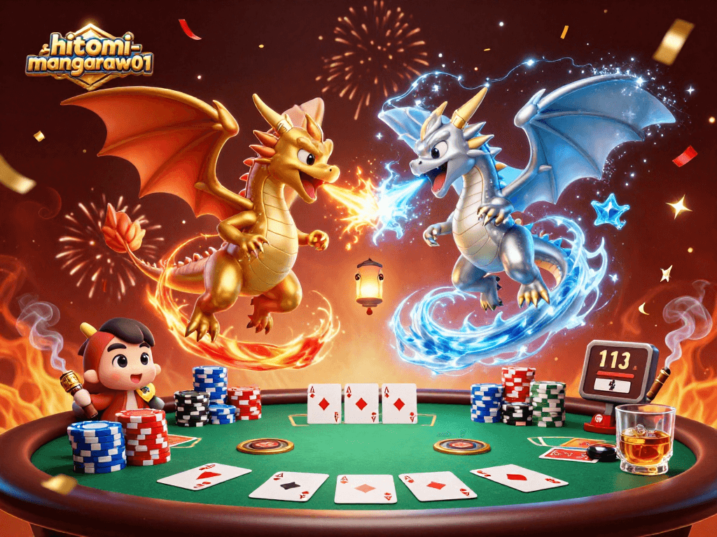 Engage with hitomi-mangaraw01 as twin 3D cartoon dragons battle with fire and ice amid a vibrant casino scene.