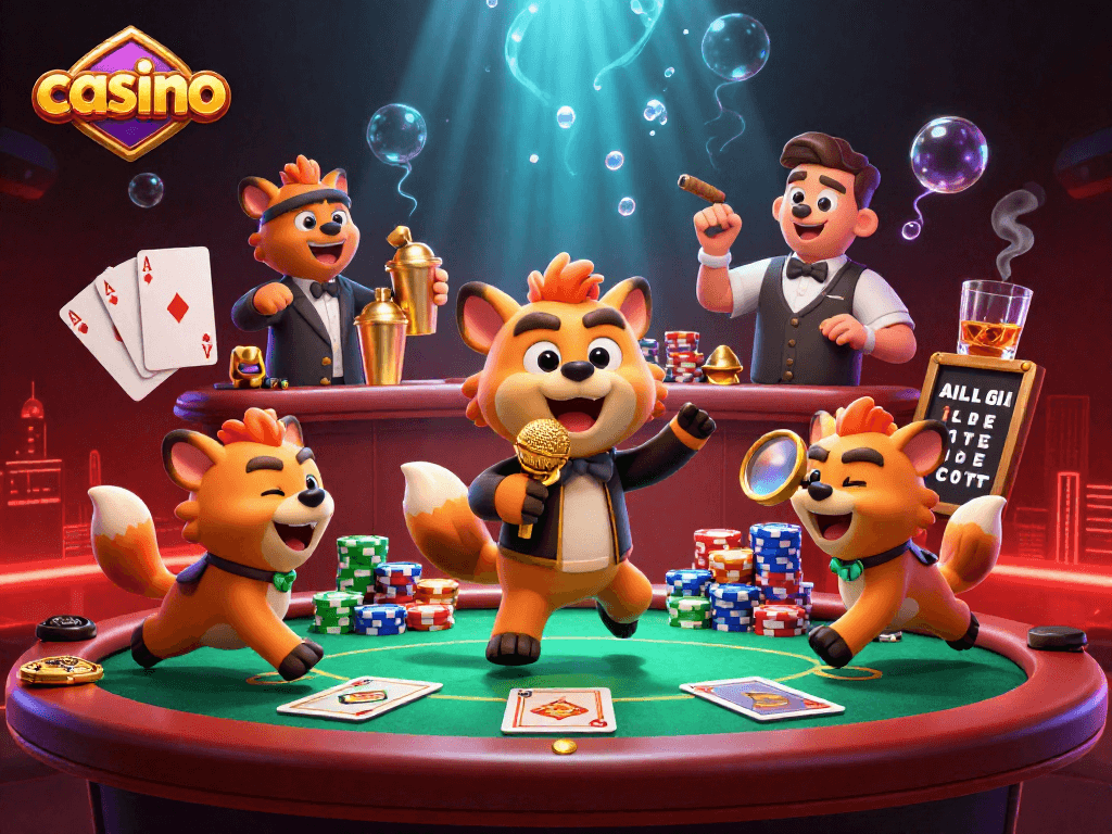 Hyenas performing at a vibrant casino, comedian, bartender, and bouncer creating lively atmosphere.