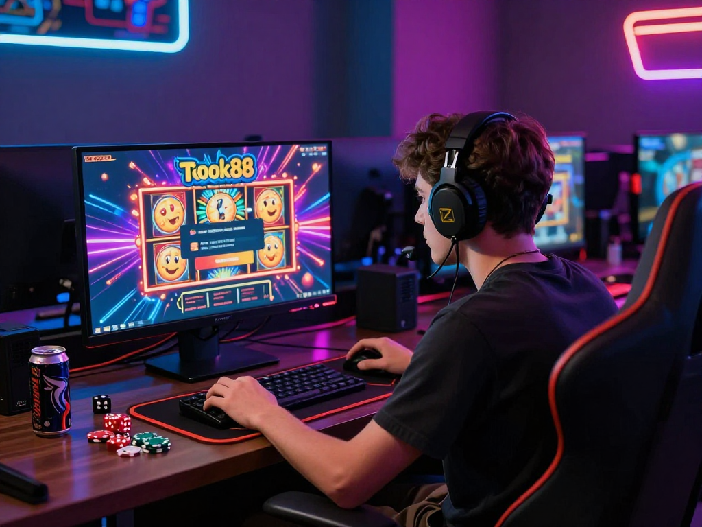 Engaged player at rokok88 slot login interface in vibrant gaming setup with neon lights and gaming equipment.
