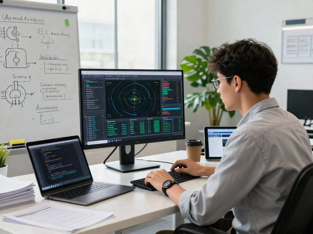 AI Detection analysis in a modern tech office with data visualizations and research materials.