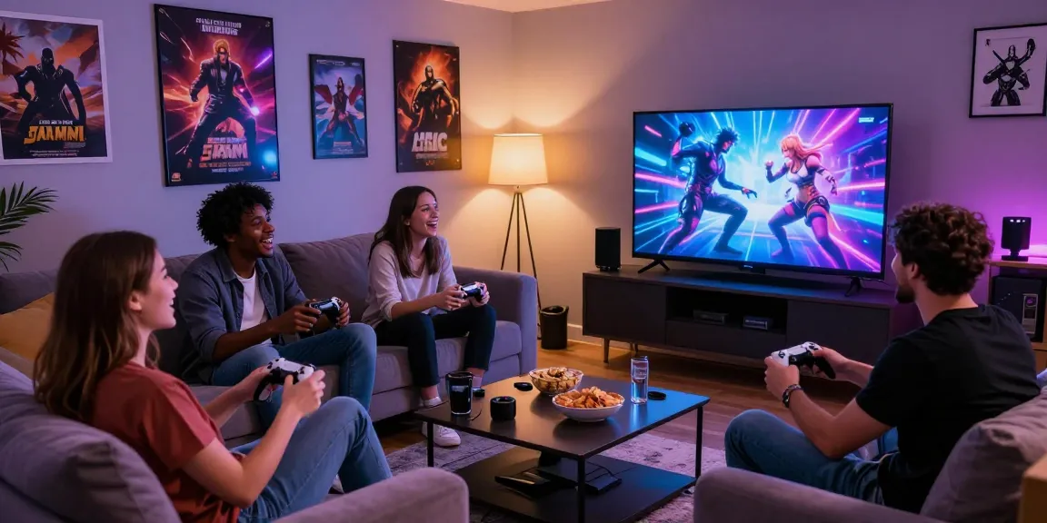 Friends enjoying porngames together in a cozy living room setting