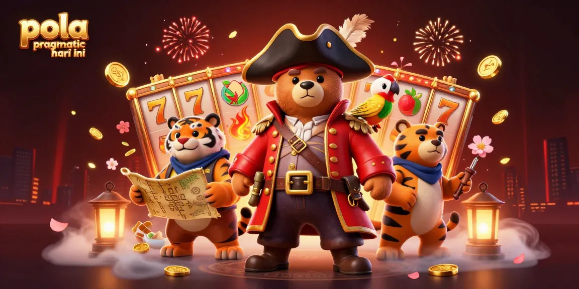 Pola pragmatic hari ini showcases a dynamic scene with a pirate bear, tiger, and parrot amidst vibrant slot symbols and fireworks.