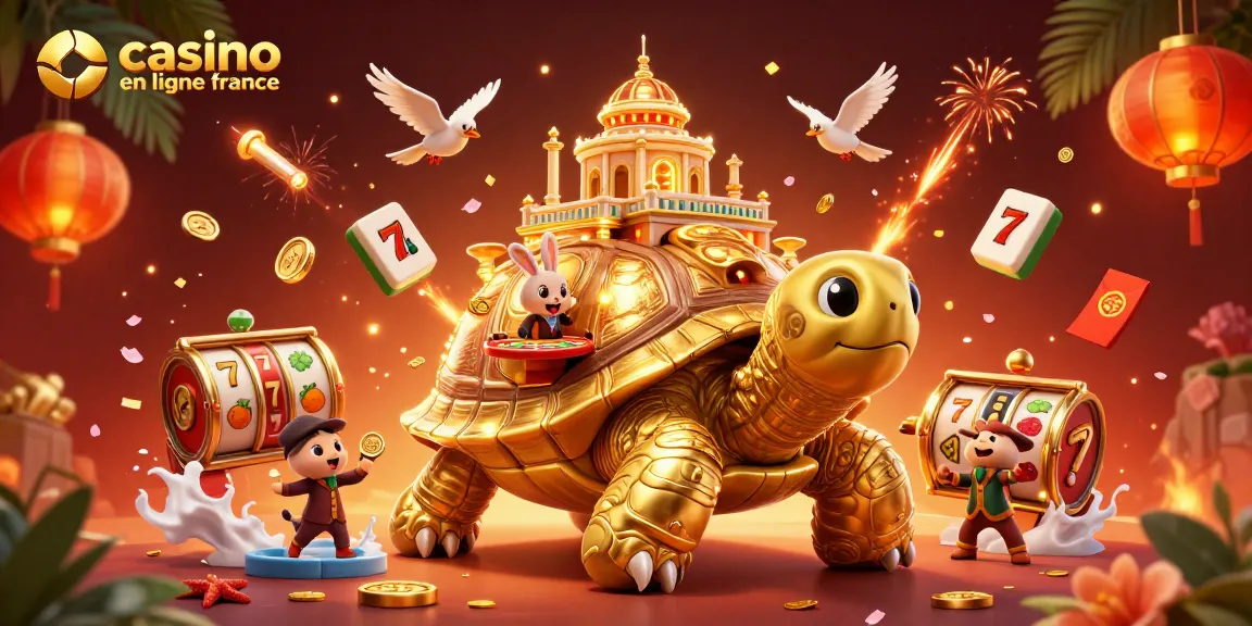 Jouez aux machines à sous dans le casino en ligne France, avec un décor extravagant de tortue et de lumière.