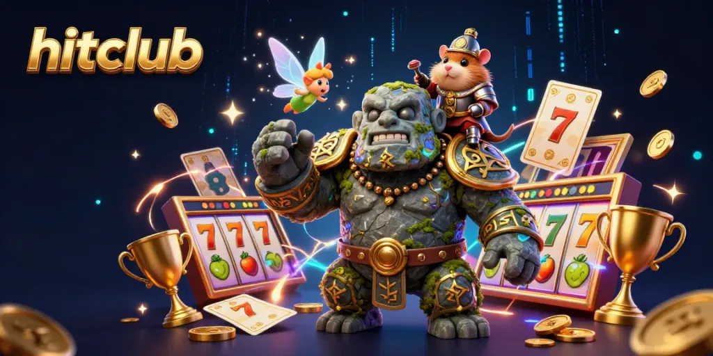 Hitclub offers engaging slot games with a vibrant 3D illustration depicting exciting characters and casino elements.