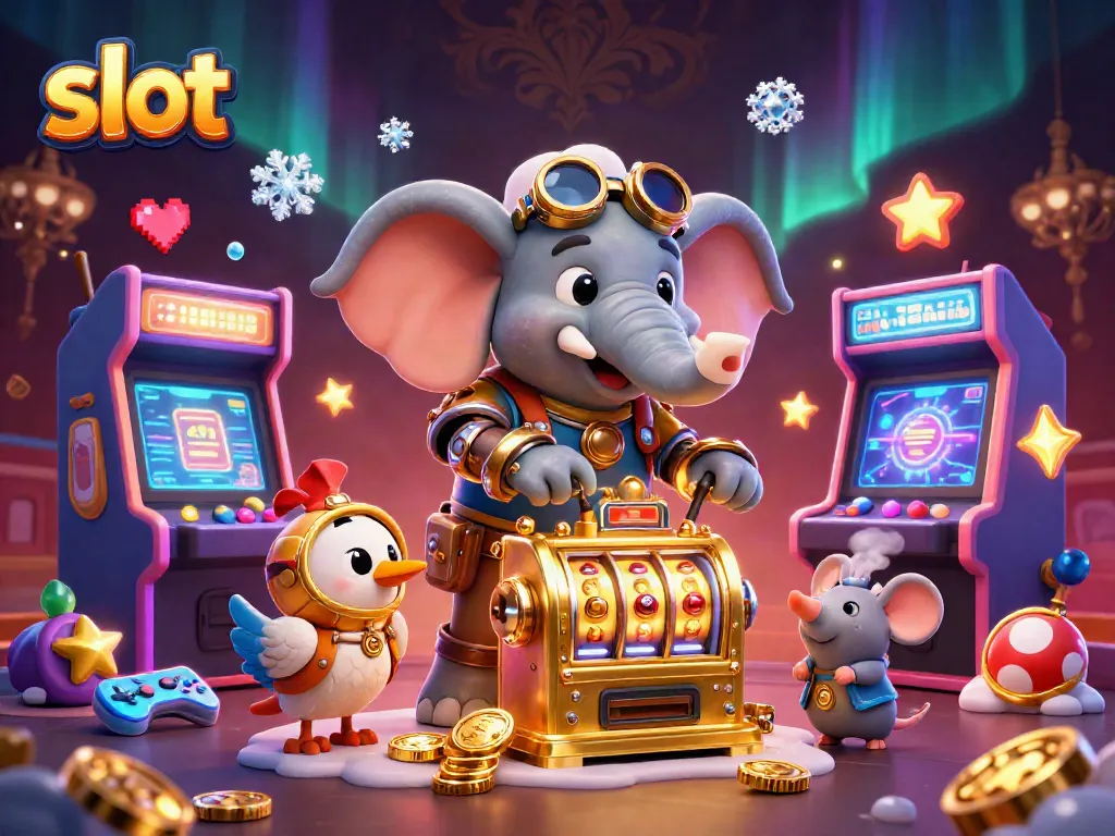 Memutar mesin slot dalam suasana kasino dengan karakter gajah steampunk yang menggambarkan keseruan bermain slot.