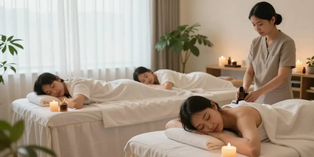 서울OP의 편안한 힐링 스파 환경에서 휴식을 취하는 고객들