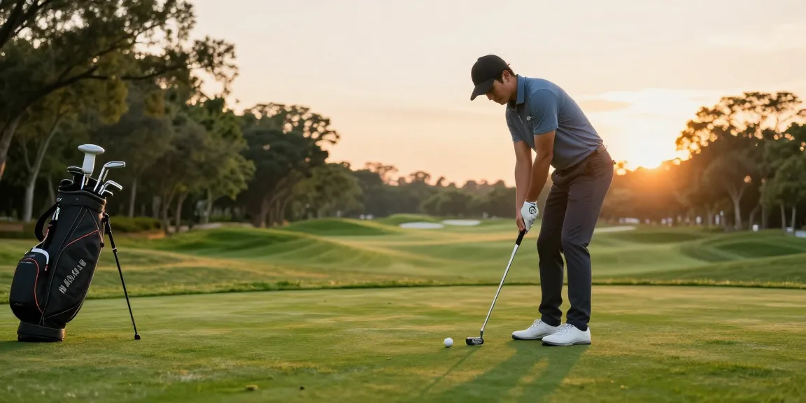 Praktik putting di lapangan golf dengan putter dari https://puttperfection.com/putter-reviews dalam cahaya matahari terbenam yang indah.