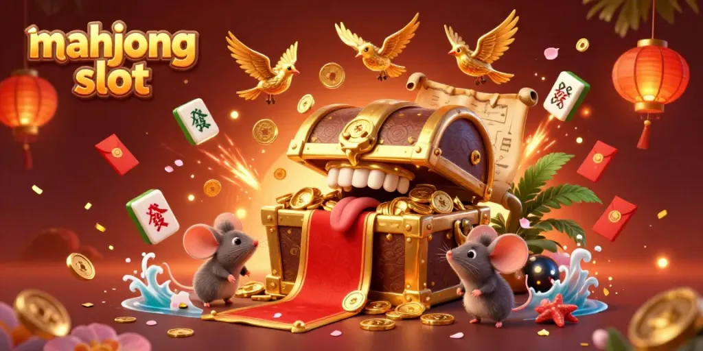 Engage with mahjong slot riches as a treasure chest lures adventurer mice amidst vibrant casino elements.