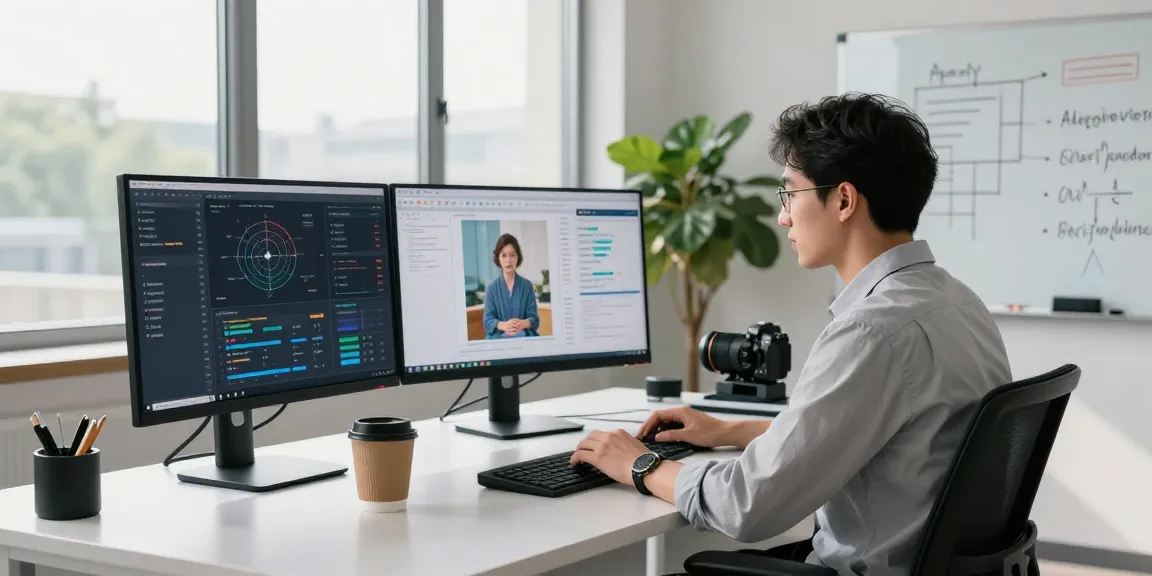 Professional workspace with a data scientist using a free AI image detector tool to analyze images on multiple monitors.