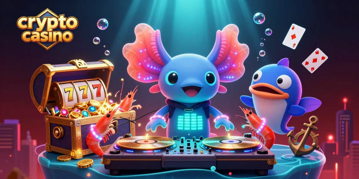 Jouez dans un crypto casino montrant un DJ axolotl animé avec des éléments de jeu vibrants et colorés.
