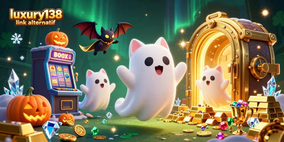 Win big with luxury138 link alternatif while exploring a magical casino realm with ghost cats and treasures.
