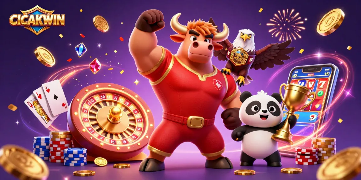 CICAKWIN celebrates victories with a bull, eagle, and panda in a lively casino scene.