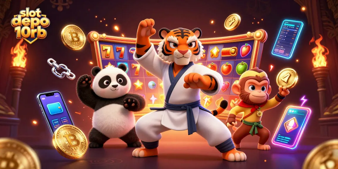 Engage in thrilling slot depo 10rb action with a kung fu tiger, panda disciple, and a mischievous monkey stealing gold in a vibrant casino scene.