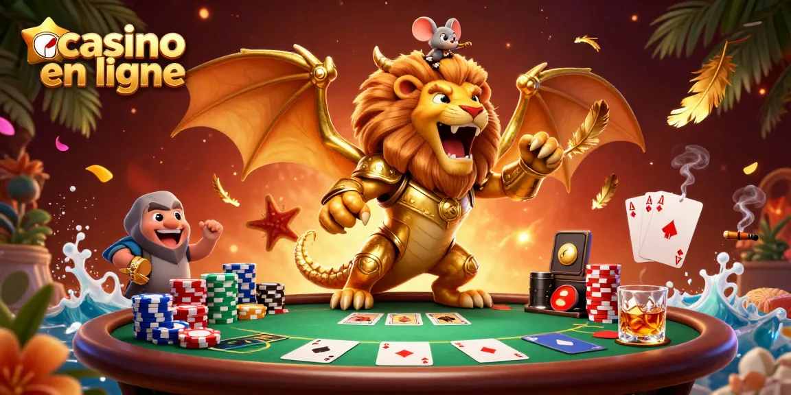 Plongez dans le monde captivant du casino en ligne avec une illustration 3D dynamique mettant en avant des éléments de poker passionnants et des personnages héroïques.