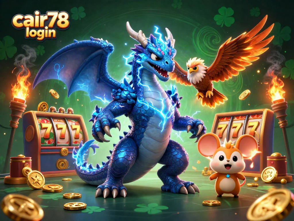 Grafik menarik cair78 login dengan elemen kasino yang mengasyikkan, slot reels dan 7 keberuntungan.