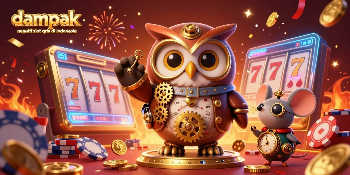 Experience the impact of dampak negatif slot qris di indonesia through an intricate 3D scene featuring an owl and a clockwork mouse amidst casino elements.