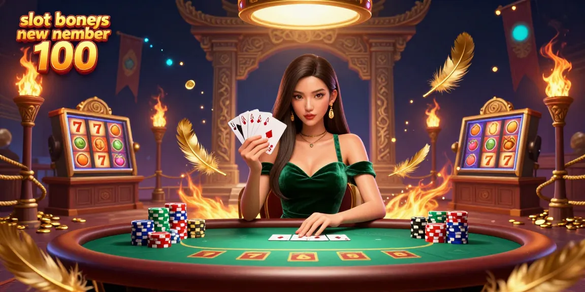 Engage with the vibrant scene featuring slot bonus new member 100 alongside a focused Asian woman at a luxury poker table.