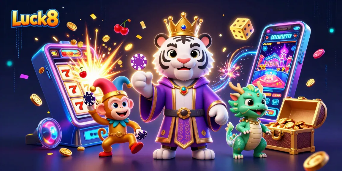 Engage in thrilling wins at Luck8 with a vibrant illustration featuring a white tiger and playful characters.