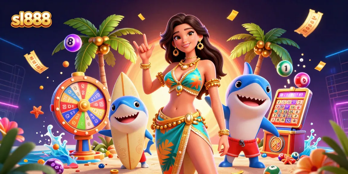Experience excitement with sl888 as colorful lottery balls and golden tickets create a vibrant casino scene.