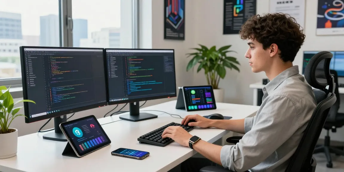 Developer engaged in coding and messaging using teiegramin.com in a modern workspace.
