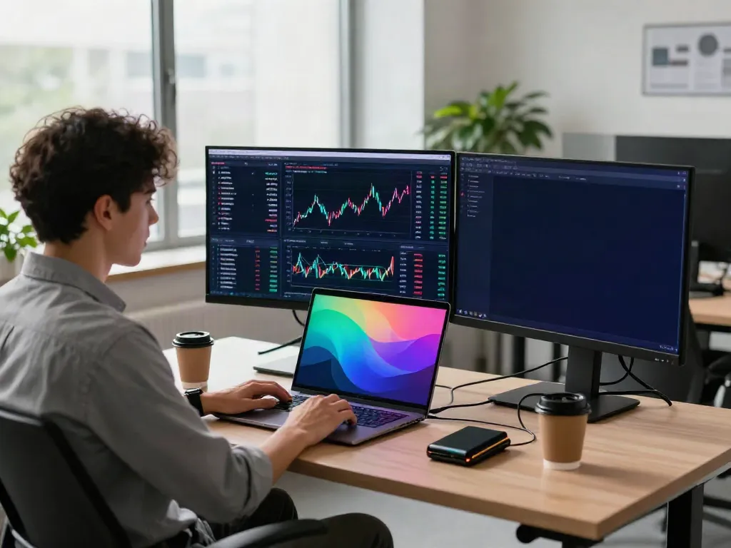 Stock tick data API displayed on monitors in a modern cryptocurrency trading office with natural light.