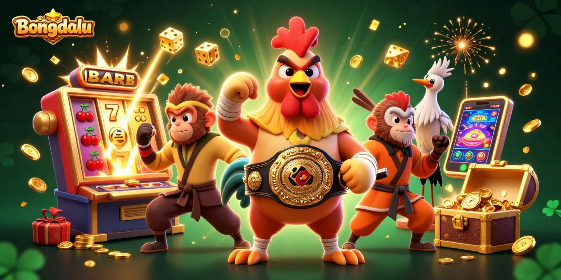 Bongdalu's vibrant 3D illustration showcases a Muay Thai rooster, Shaolin monkey, and crane master celebrating jackpots with dynamic casino elements.