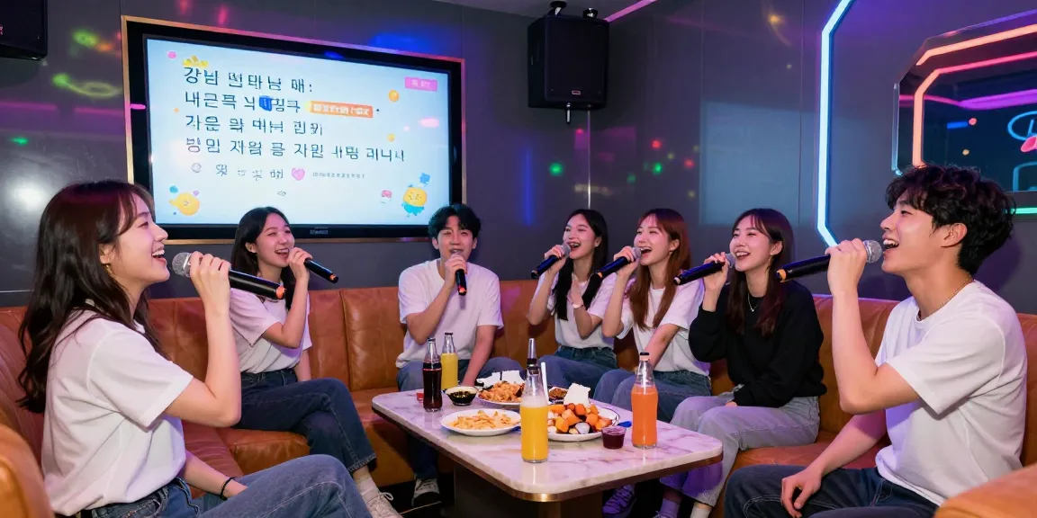 Exciting night at 강남노래방 with friends singing karaoke together.