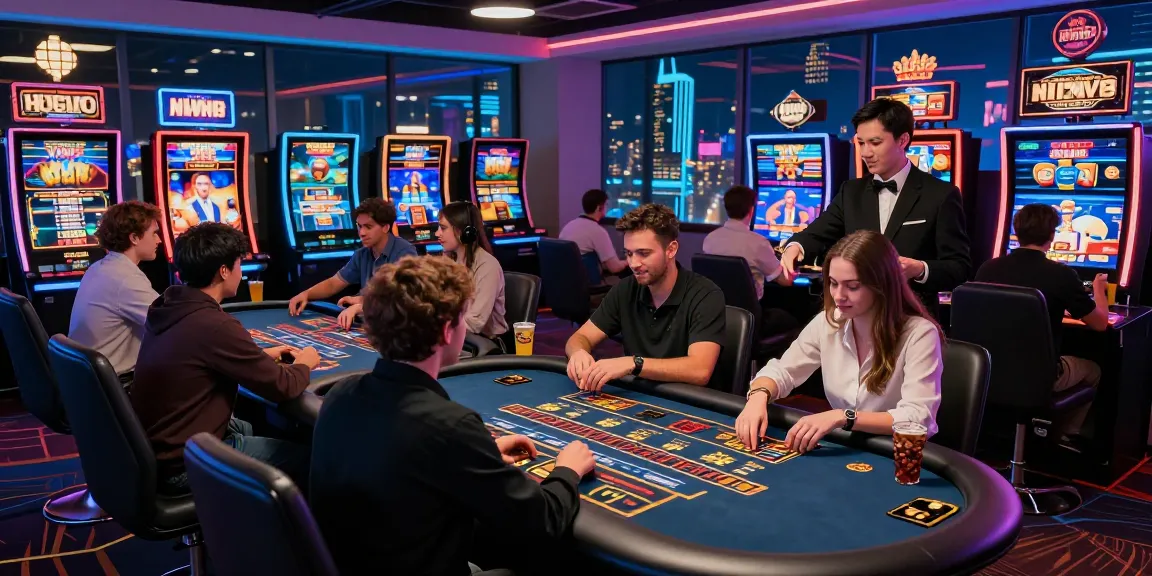 Experience 鉅城娛樂城 with players enjoying live dealer games and vibrant slot machines in an engaging, high-energy atmosphere.