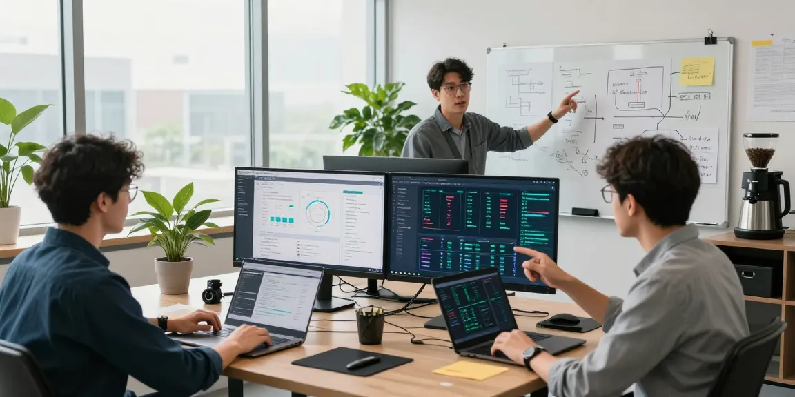 Developers collaborating on software project details with visuals and data, showcasing kecak4d methodologies in a vibrant workspace.
