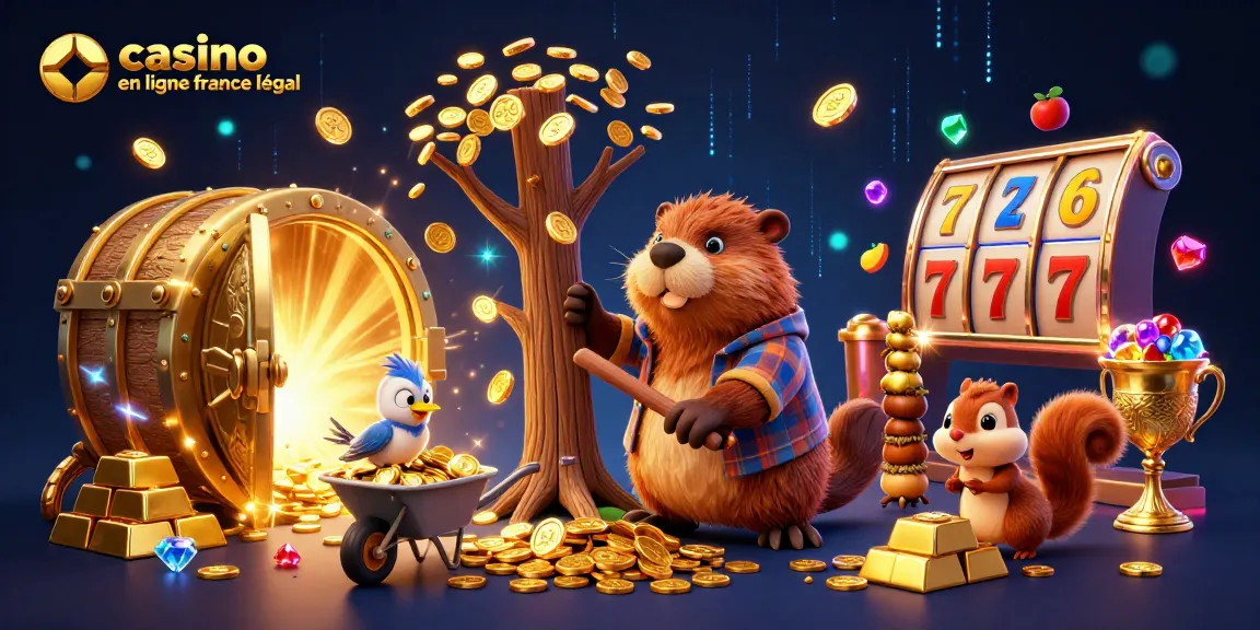Plongez dans l'univers du casino en ligne France légal avec notre illustration dynamique pleine de pièces d'or et de jeux.
